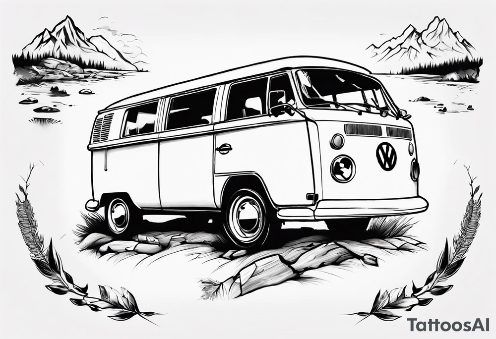 vw Typ 2 in einer landschaft aus bergen und Wälder tattoo idea