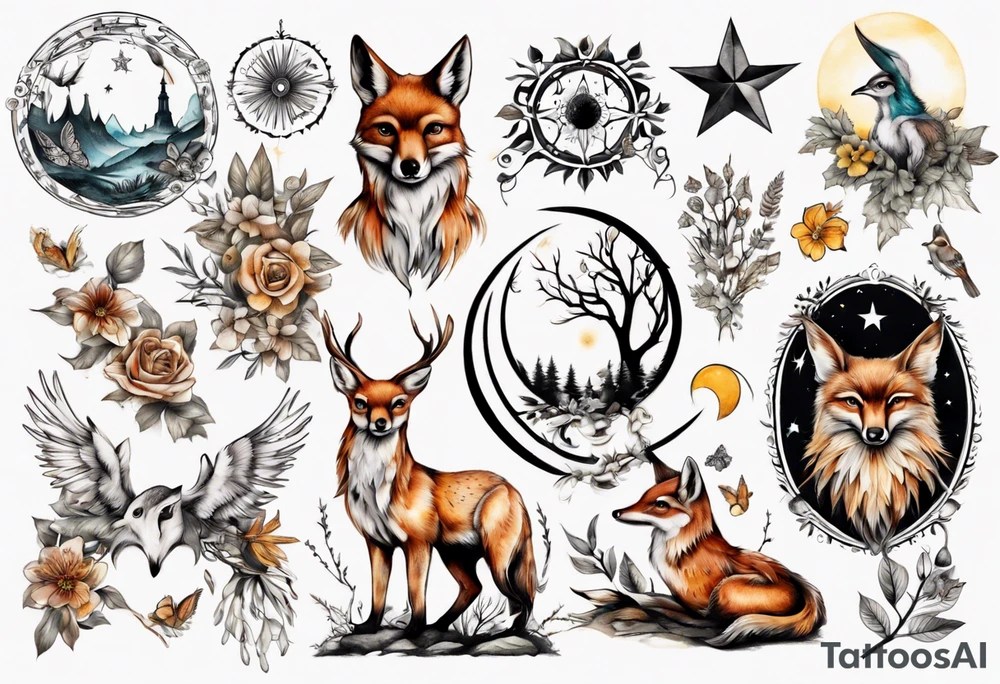 wasser, sonne, mond, fuchs, eule kolibri, wald, hirsch, blume des lebens, 
baum, berlin tattoo idea