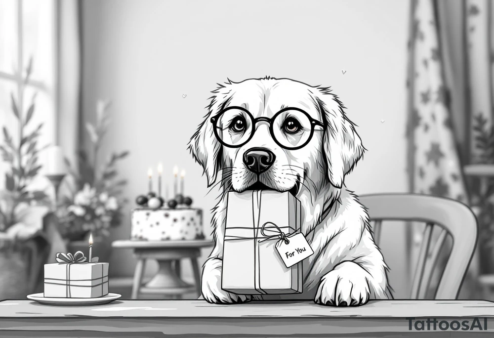 Picture a playful golden retriever wearing cute round reading glasses, holding a neatly wrapped gift box in its mouth. A small tag on the box says “For You.” Behind the dog is a festive table with a birthday cake, candles, and party decorations. The retriever looks clever and kind, like a well-mannered guest at a cozy celebration. A cheerful message floats above:
“Wishing you joy, health, and puppy kisses on your 80th birthday – from the whole Albi team!”
The illustration has a light-hearted, cartoon-like charm, making it perfect for bringing smiles and laughter. tattoo idea