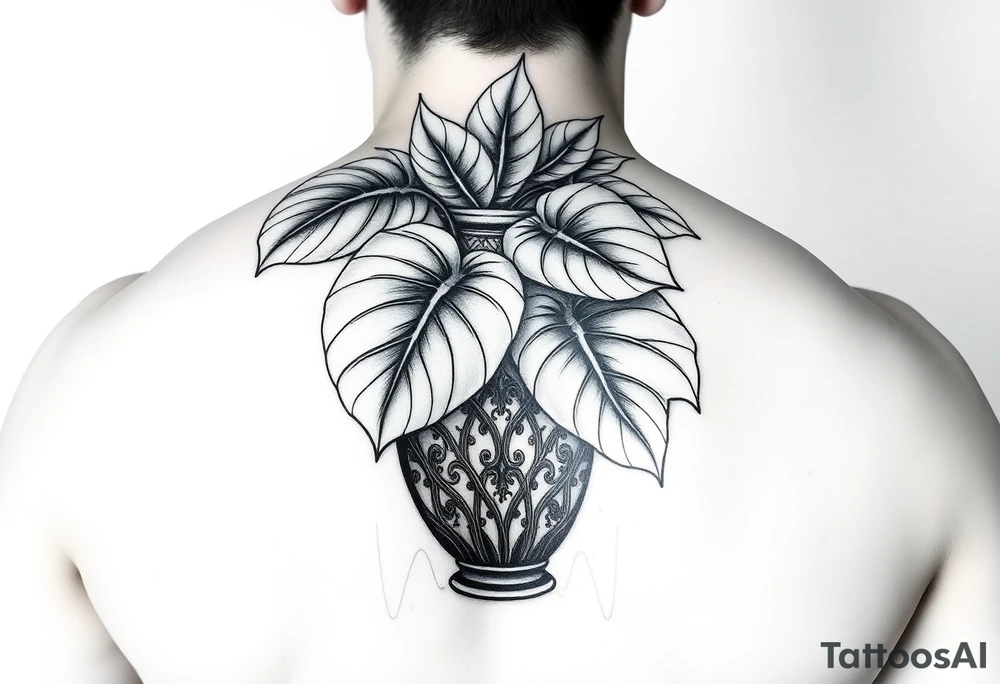 Large Decorative ornamental
 vase with large monstera leaves tattoo idea