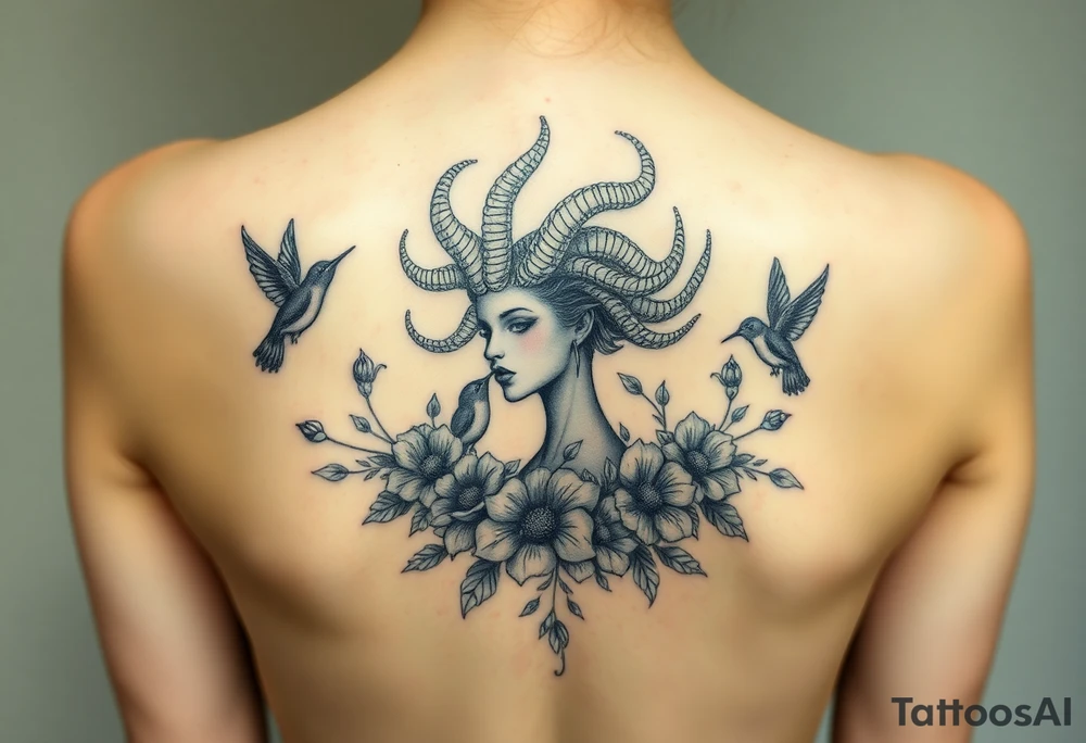 medusa surrounded by hummingbirds and flowers tattoo idea