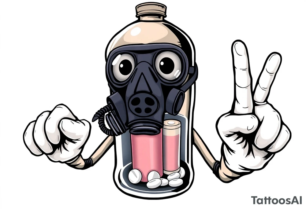 A caricature 2 liter bottle with bulging cartoon eyes and a gas mask on where it’s mouth and nose are supposed to be. Inside the bottle is a lithium battery,and pseudoephedrine tablets, along with a liquid. It has cartoon stick arms with big white gloves one had is holding up his middle finger. It should be dark and grimy looking as if a person had been up for some days and the middle finger on the right hand should be up tattoo idea