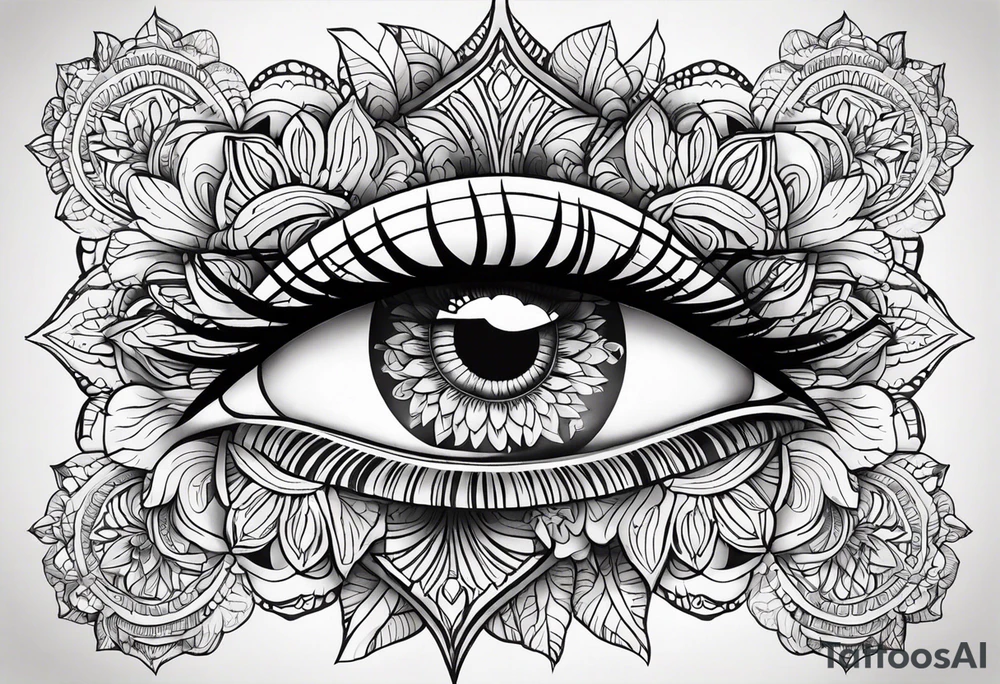 Mandala design with realistic woman’s eye in the center tattoo idea