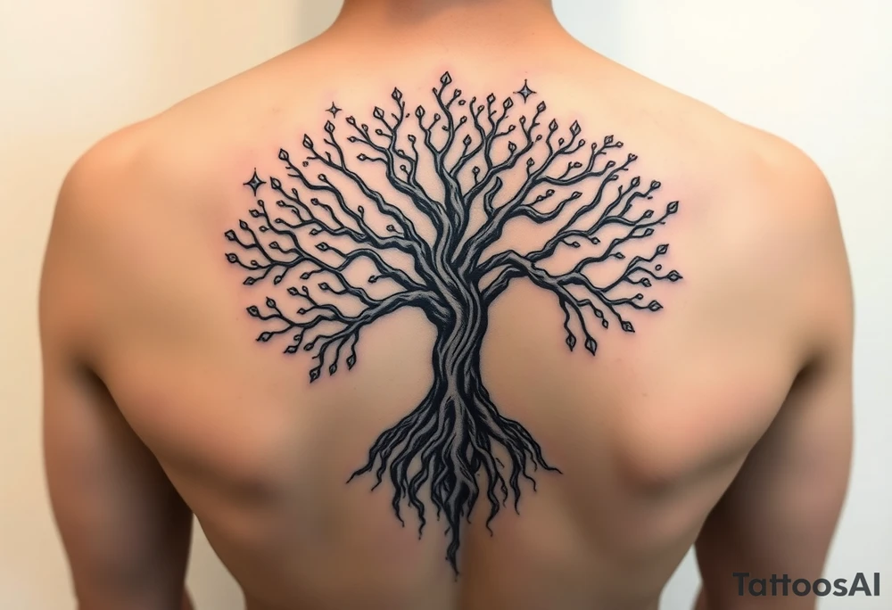 mystical tree of life with cosmic roots and celestial branches tattoo idea