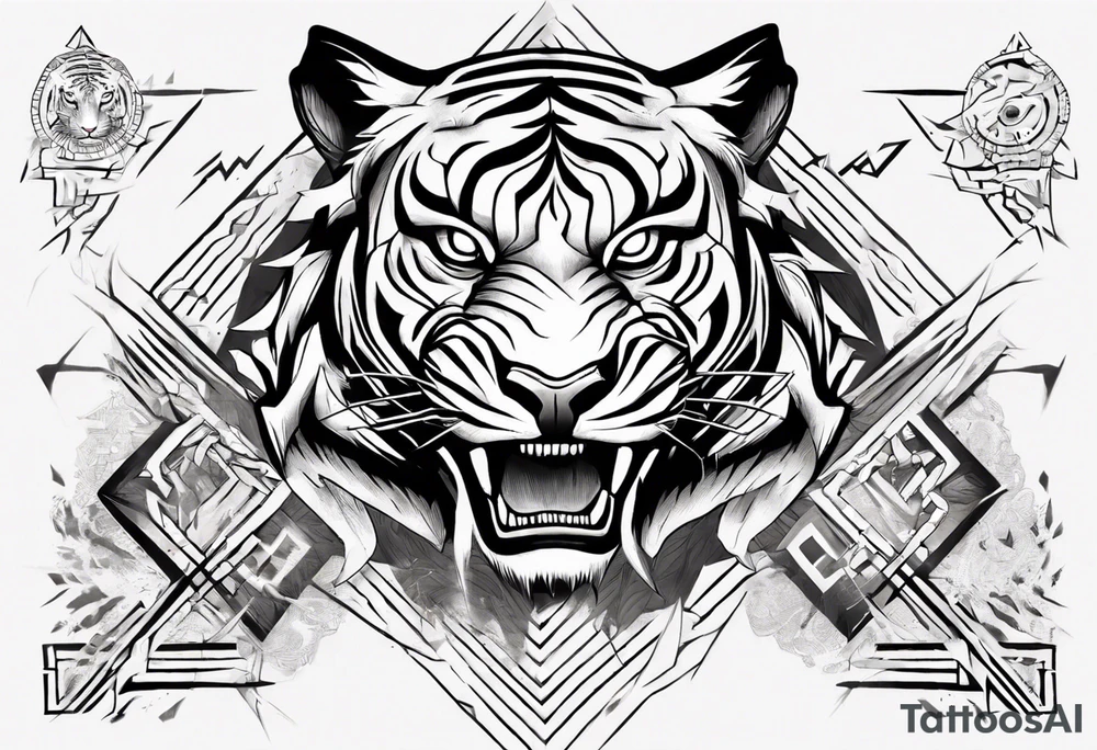 Ancient tiger with lightning and a sun for a forearm sleeve. With patterns surrounding it tattoo idea Ancient tiger with lightning and a sun for a forearm sleeve. With patterns surrounding it tattoo idea
