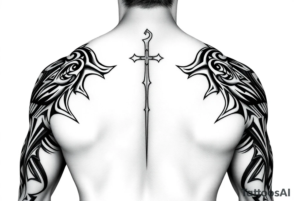 Tribal religious full sleeve  masculine tattoo idea
