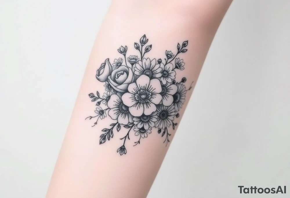 Bouquet of roses, snowdrops, marigolds, asters and gladioli tattoo idea