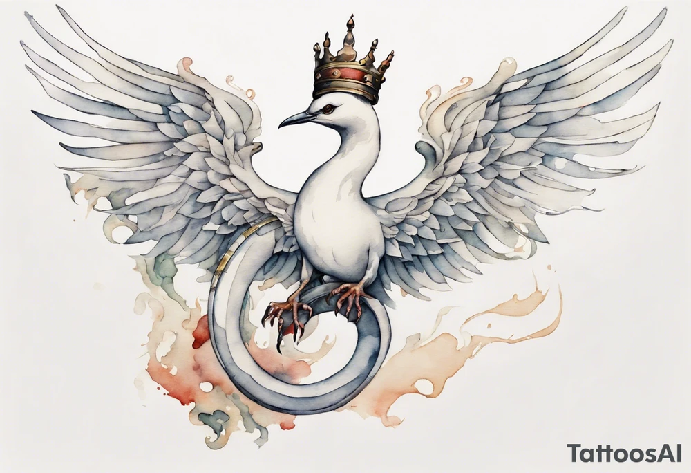 a watercolor of a white bird-serpent hybrid wearing an iron crown, flying tattoo idea