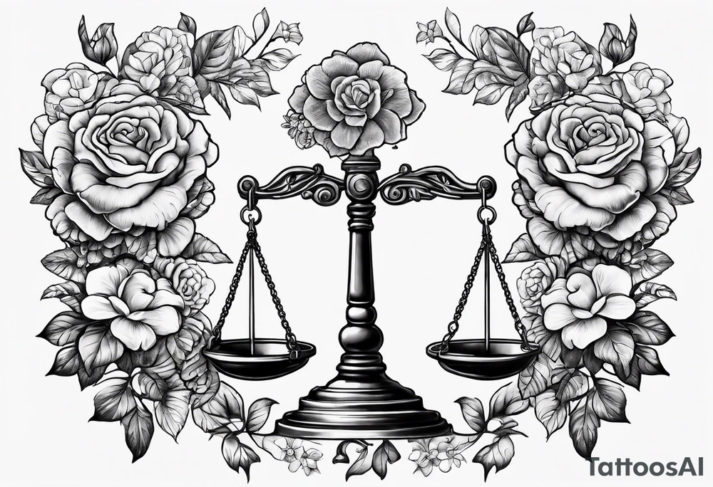Scales of justice with flowers and a brain and anatomical heart in the scales tattoo idea