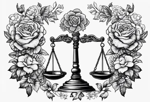 Scales of justice with flowers and a brain and anatomical heart in the scales tattoo idea