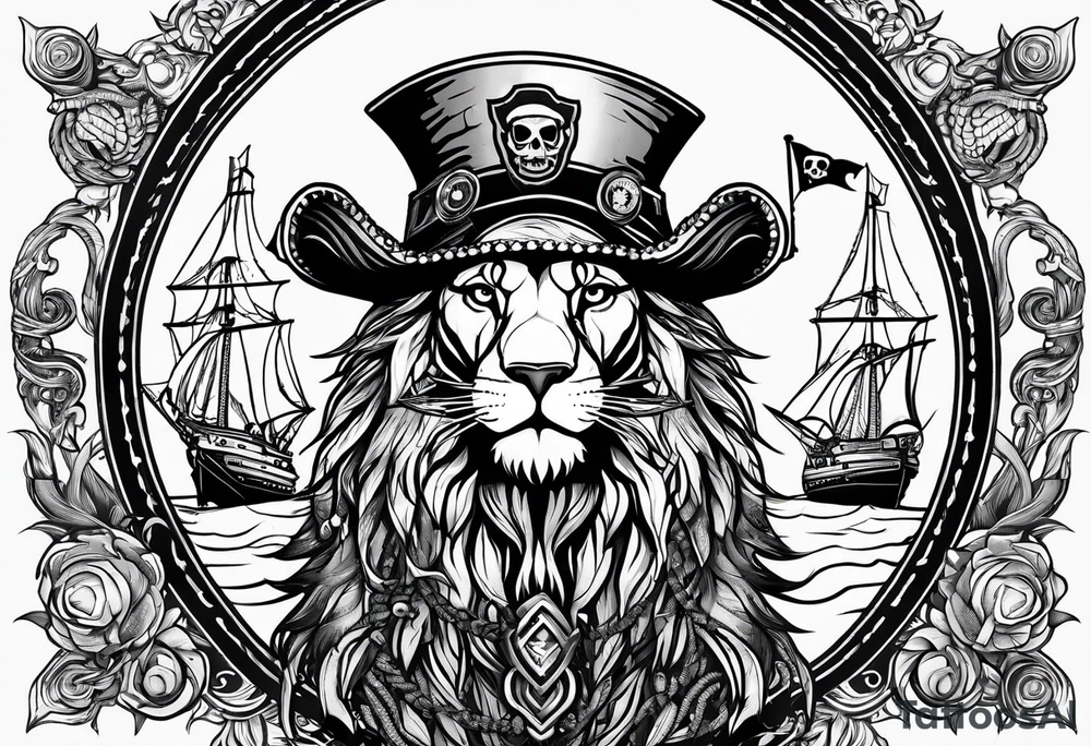 Pirate lion wearing jacket, sword and pistol, nautical steampunk theme. dreadlocks. pirate vessel tattoo idea