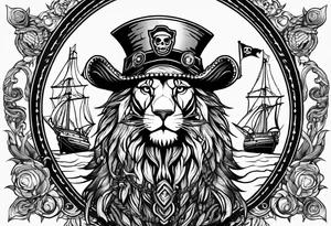 Pirate lion wearing jacket, sword and pistol, nautical steampunk theme. dreadlocks. pirate vessel tattoo idea