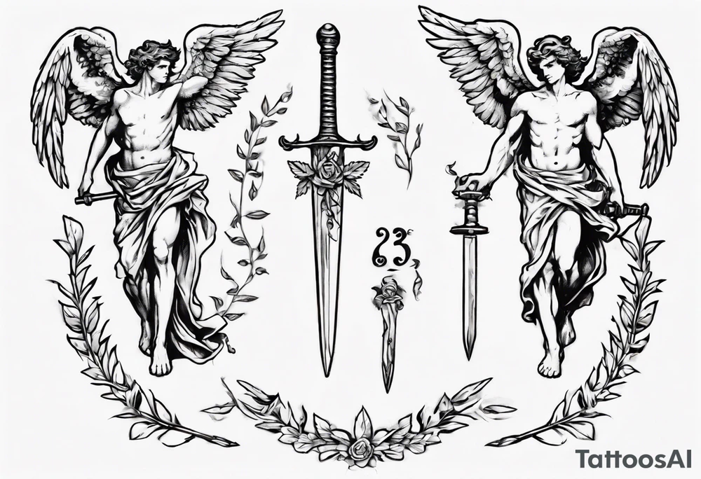 number 13, a laurel leaf wreath, and a Male angel holding sword tattoo idea