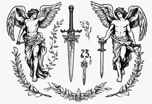 number 13, a laurel leaf wreath, and a Male angel holding sword tattoo idea