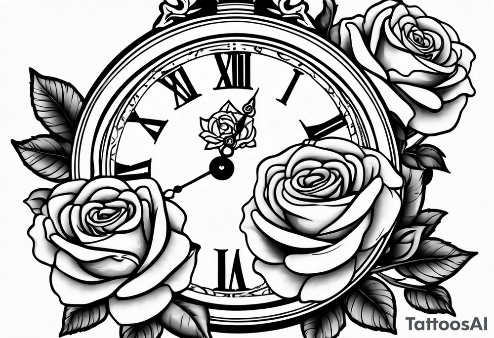 Pocket watch with chain and roses tattoo idea