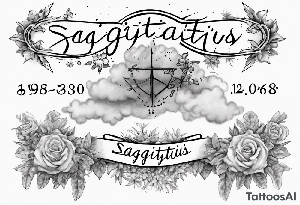 a forearm tattoo with a cloud with little plants around the word sagittarius and underneath it the date 12.08.05 tattoo idea