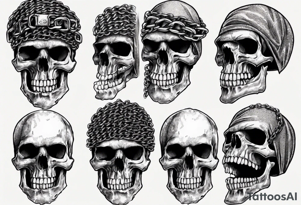 A skull with battered teeth and a chain mail head covering tattoo idea