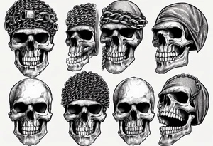 A skull with battered teeth and a chain mail head covering tattoo idea