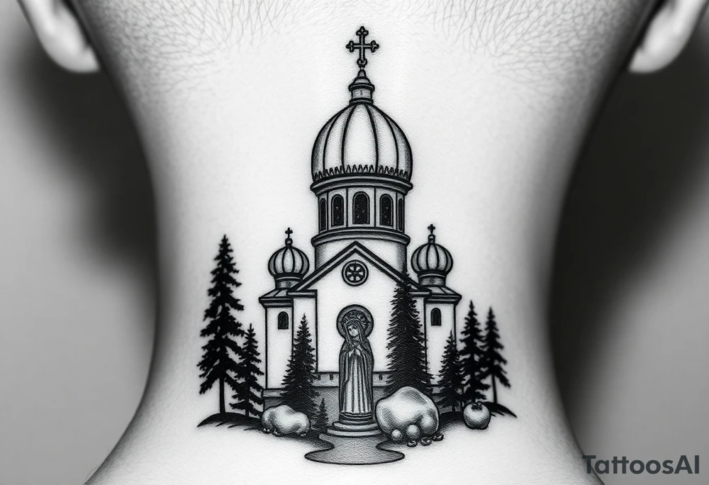 medium sized russian orthodox dome church with a visible virgin mary with a lake and pine trees tattoo idea