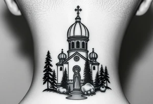 medium sized russian orthodox dome church with a visible virgin mary with a lake and pine trees tattoo idea