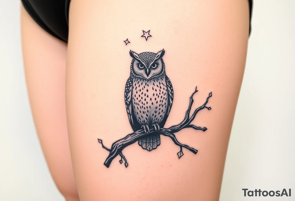wise owl perched on ancient oak branch under starlit sky tattoo idea