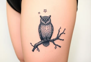 wise owl perched on ancient oak branch under starlit sky tattoo idea