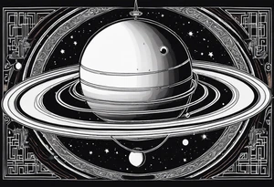 Saturn on a dense large black background with its satellites and stars tattoo idea