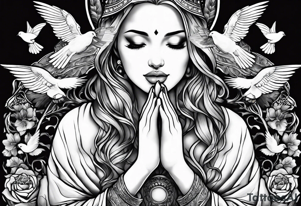 Woman praying hands with doves, full sleeve tattoo idea