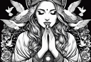 Woman praying hands with doves, full sleeve tattoo idea