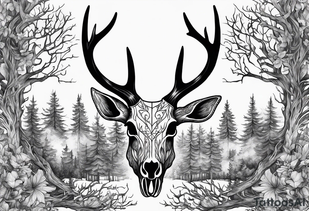 A side profile of decayed deer skull surrounded by trees and fire tattoo idea