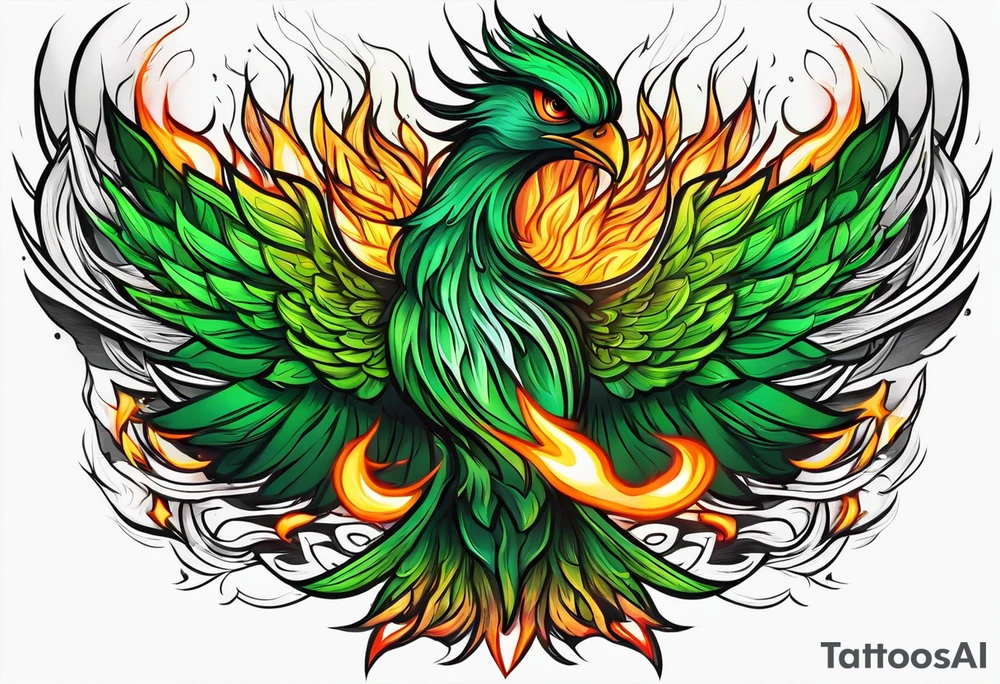 Phoenix Bright colours rising from green flames that destroyed it no green tattoo idea