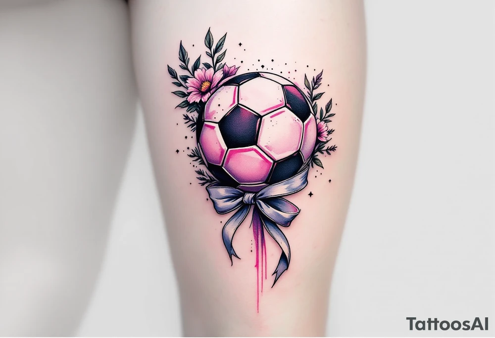 A pink and lavender soccer ball tied with a ribbon to represent youth soccer spirit. tattoo idea
