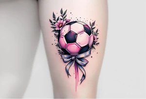 A pink and lavender soccer ball tied with a ribbon to represent youth soccer spirit. tattoo idea