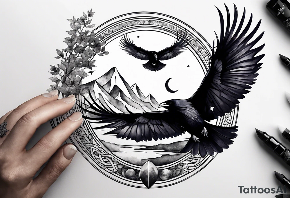 3 ravens flying by a nordic style moon tattoo idea
