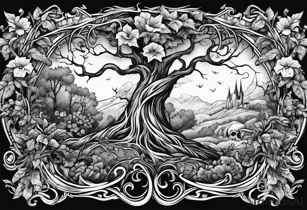 Leafy vines with grave yard tattoo idea