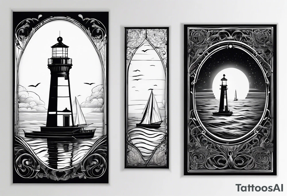 voilier vue de face. phare maritime fixé au centre du voilier et utilisé comme un mat pour les voiles. tattoo idea