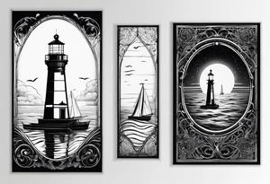 voilier vue de face. phare maritime fixé au centre du voilier et utilisé comme un mat pour les voiles. tattoo idea