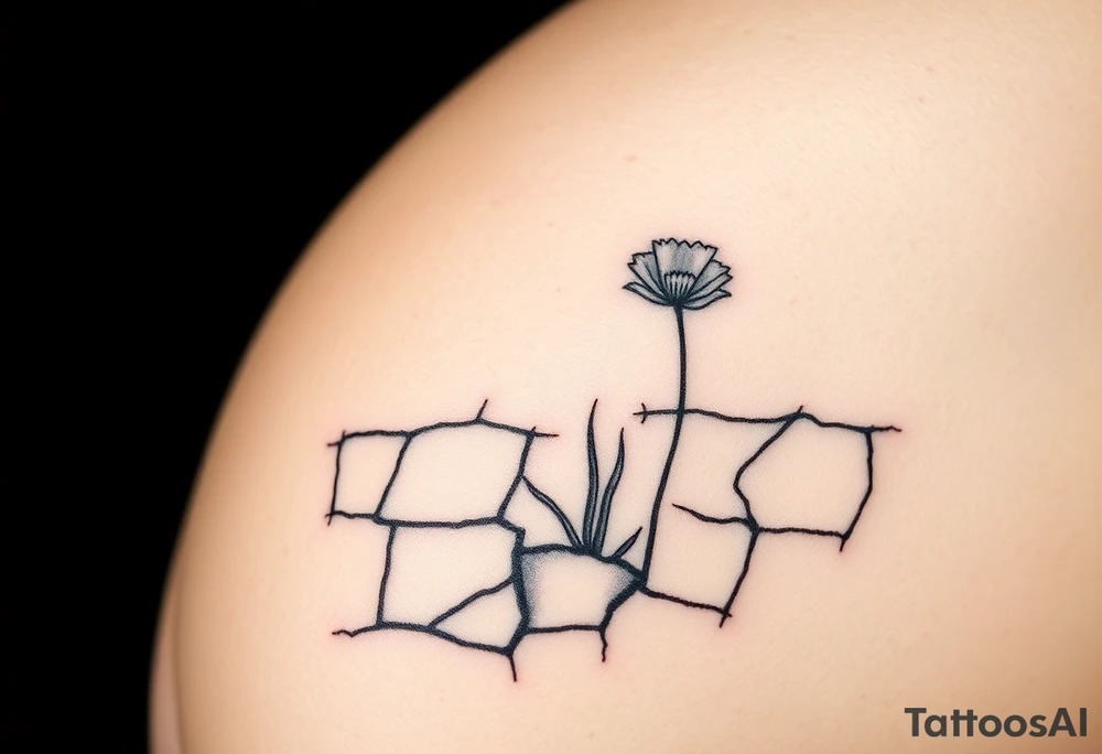 Single simple line drawing style poppy growing up from cracks in pavement watercolor coloring on poppy only back of ankle/heel or back of upper arm, more artistic rendering of cracks, very minimal/simplistic design tattoo idea