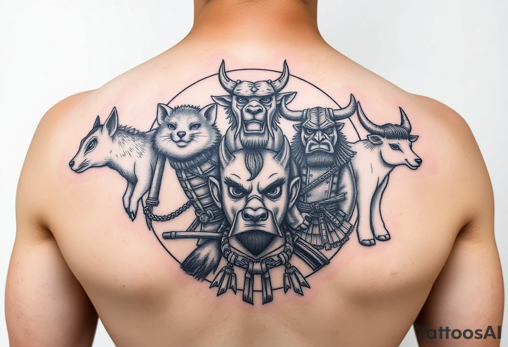 Chinese zodiac animals: rat, dog, goat, and ox all dressed up Samurai warrior style in a circular formation in Japanese setting tattoo idea