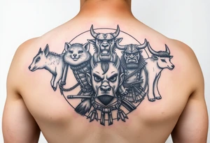 Chinese zodiac animals: rat, dog, goat, and ox all dressed up Samurai warrior style in a circular formation in Japanese setting tattoo idea