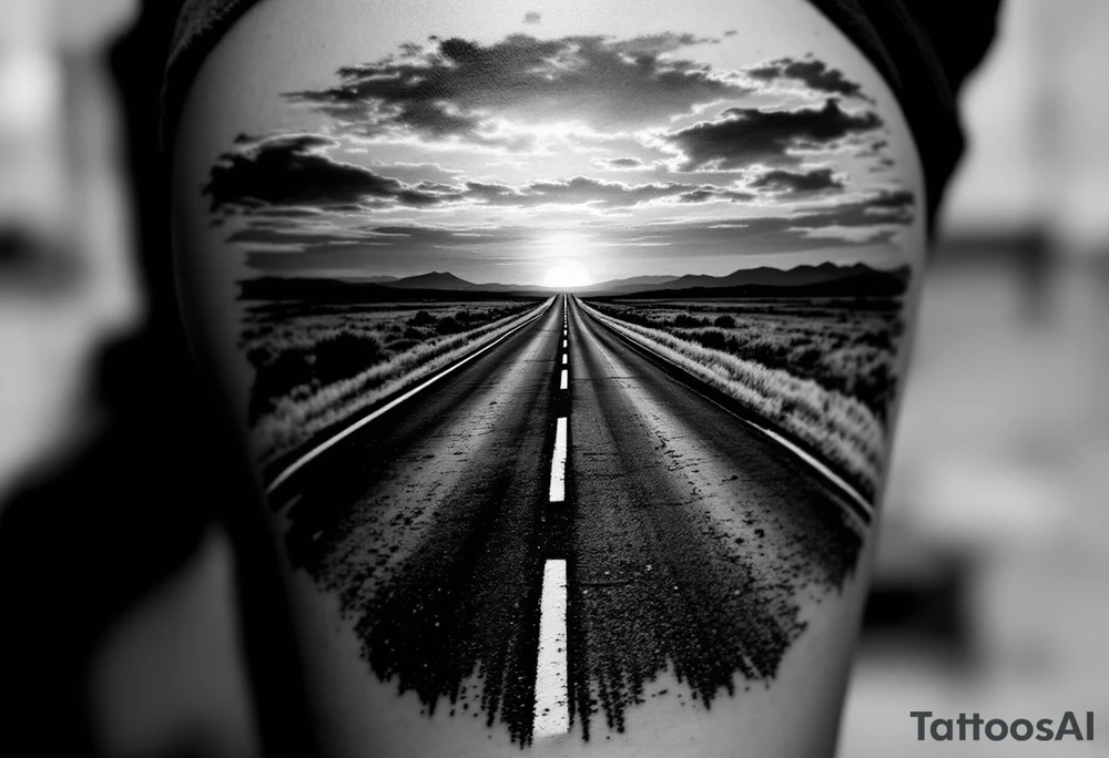 A grayscale open road disappearing into a sunset horizon reflects the freedom of journey. tattoo idea