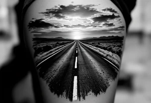 A grayscale open road disappearing into a sunset horizon reflects the freedom of journey. tattoo idea
