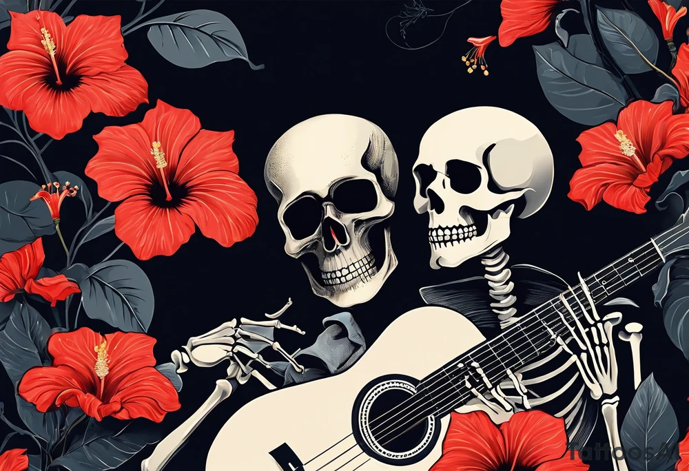 a female skeleton holding a hibiscus flower and a male skeleton playing a guitar. The scene should capture a moment of connection between the two, with the female skeleton attentively listening to the music played by the male skeleton. Emphasize the details of the hibiscus flower,  and the fluidity of the music being played on the guitar. tattoo idea