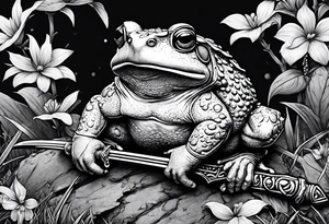 toad with sword; samurai sword Is pointing down(sword stuck in the ground) as if the toad was standing; no clothes tattoo idea