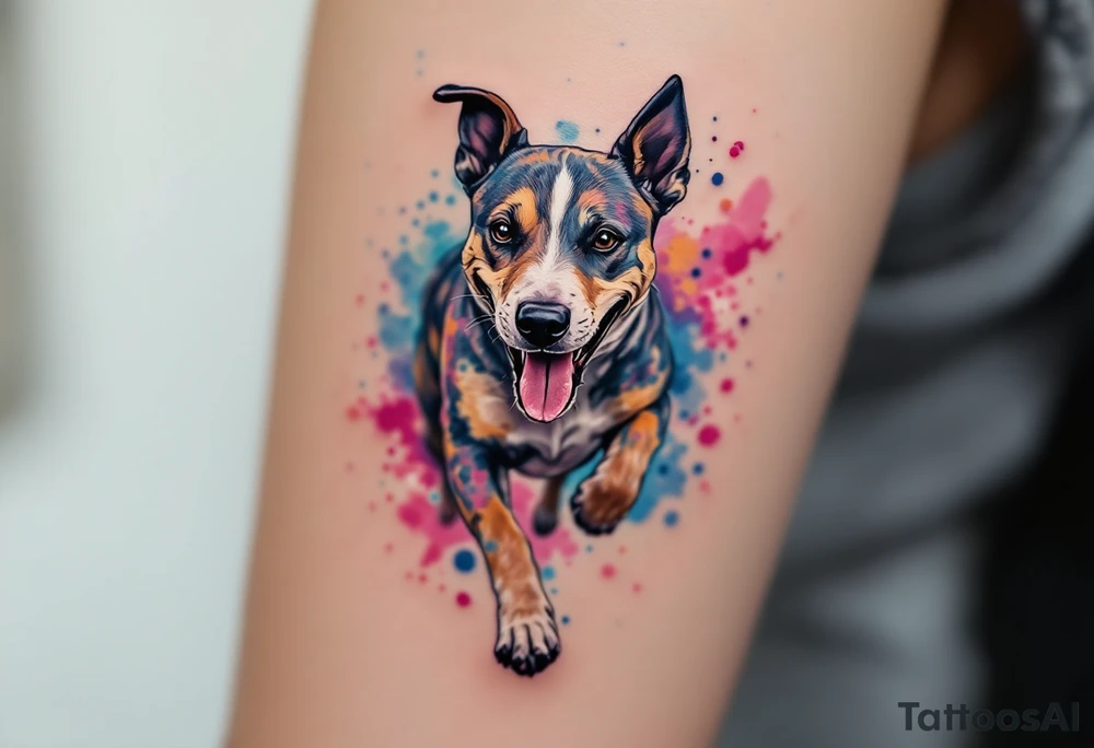 Stafford in Watercolor Style – A cheerful Stafford dog mid-run, surrounded by splashes of vibrant blue, pink, and yellow watercolor strokes. tattoo idea