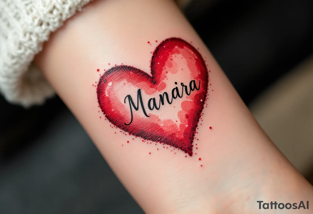 A red watercolor heart with the child’s name in elegant black script across the center. tattoo idea