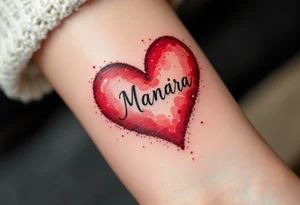 A red watercolor heart with the child’s name in elegant black script across the center. tattoo idea
