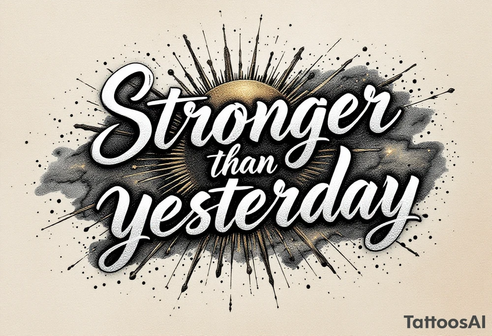 “Stronger than yesterday” in metallic silver ink, accented with subtle bronze lines forming a rising sun. tattoo idea