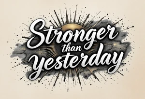“Stronger than yesterday” in metallic silver ink, accented with subtle bronze lines forming a rising sun. tattoo idea