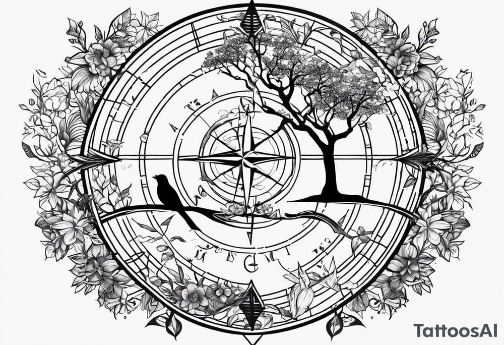 Create me a tattoo only in black with thin lines with a tree of life in the middle, a compass above with GPS coordinates, three little birds from the music "three little birds" by Bob Marley. tattoo idea